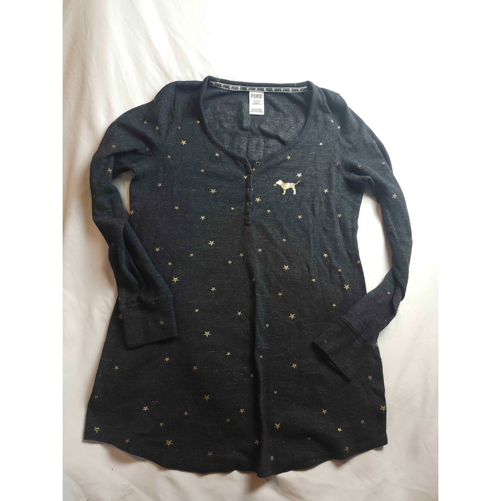 Pink Victoria's Secret Pajama‎ Top Womens L Black Gold Stars Celestial Sleepwear
